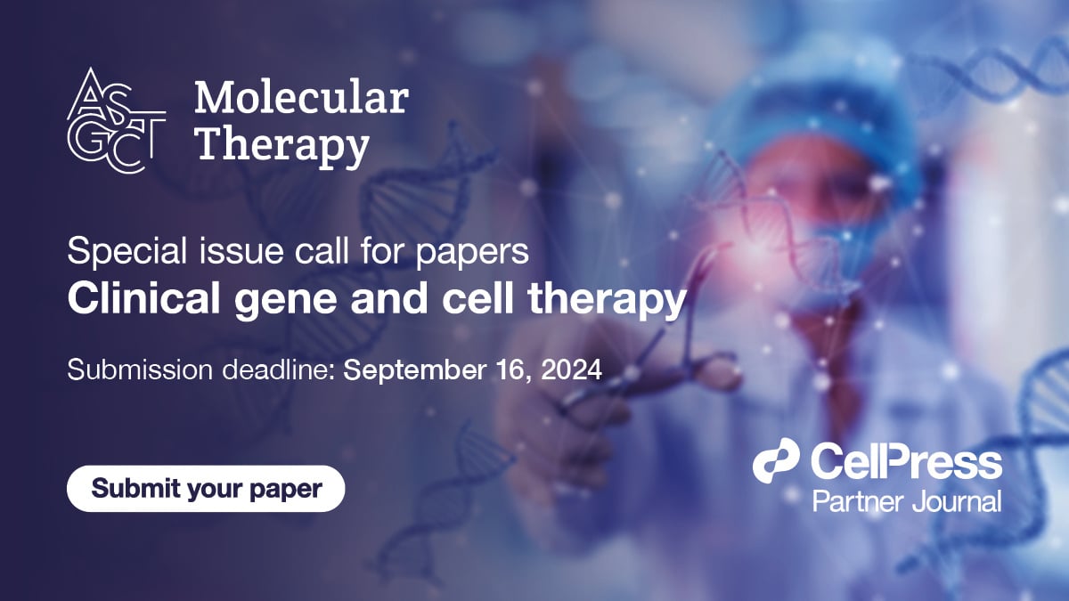 The Molecular Therapy family of journals (@moltherapy) is seeking submissions for a special issue on clinical gene and cell therapy by September 16, 2024. Learn more and submit: hubs.li/Q02wjXlC0 @ASGCTherapy