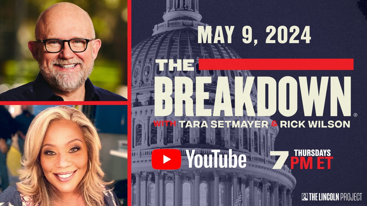 #TheBreakdown is BACK this week for another live episode. Join @TheRickWilson and @TaraSetmayer as they get into all the latest on Thursday at 7 PM ET only on Youtube

💻: youtube.com/live/_qmhlVjWD…
