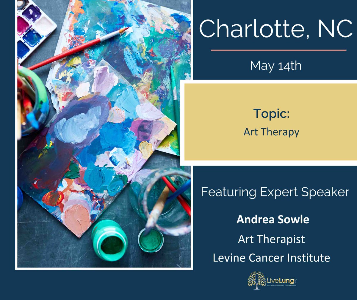 Meeting alert 🥳: The #Charlotte #lungcancer patient, survivor, & caregiver community is meeting 5/14 at 11:30 am. The group is honored to be joined by #expertspeaker Andrea Sowle, Art Therapist at Levine Cancer Institute. RSVP: livelung.link/clt/may24x.