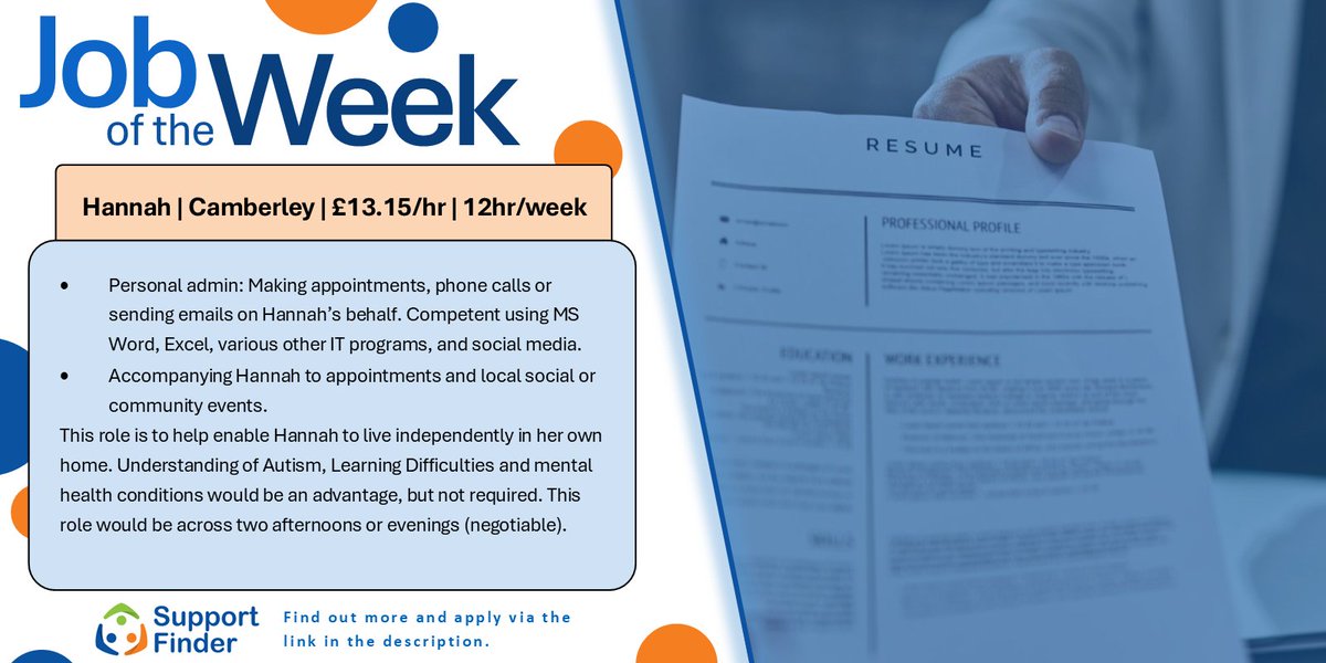 Job of the Week: Hannah is looking for a PA for 12 hours a week in Camberley to assist her. You can apply through Support Finder. Direct job link:  supportfinder.org.uk/listings/emplo…
#SupportWorker #FindAJob #CareJobs #SurreyJobs #IndependentLiving #WorkInCare @JCPSurreySussex