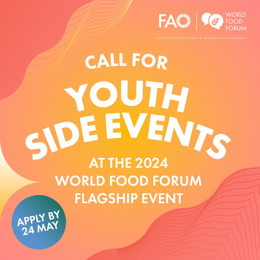 📣 CALL FOR THE WORLD FOOD FORUM 2024 YOUTH SIDE EVENTS: NOW OPEN! Want to amplify youth voices at the WFF? Apply by 24 May to organize a youth side event at the World Food Forum flagship event (14 - 18 Oct) in Rome! 🇮🇹 👉 flagship.world-food-forum.org/2024/youth/cal…