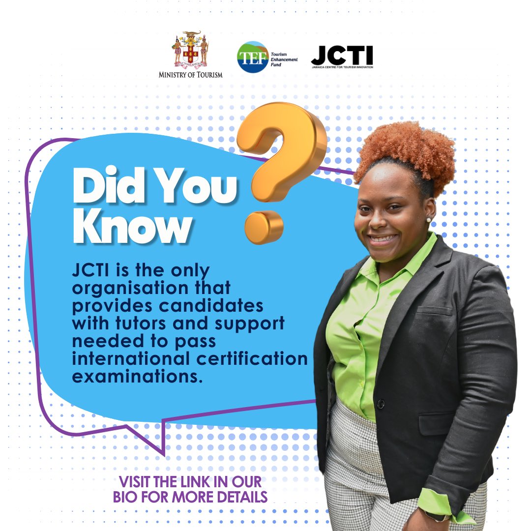 TEFJamaica's tweet photo. Your success is our goal! We provide maximum
support to candidates pursuing international
certifications in the tourism sector. Get connected with
the #JCTI and find out how we can help you
#UpgradeYuhself!

#TEF #JCTI #BuildingHope #BuildingJamaica https://t.co/Dg4yHyCYvj