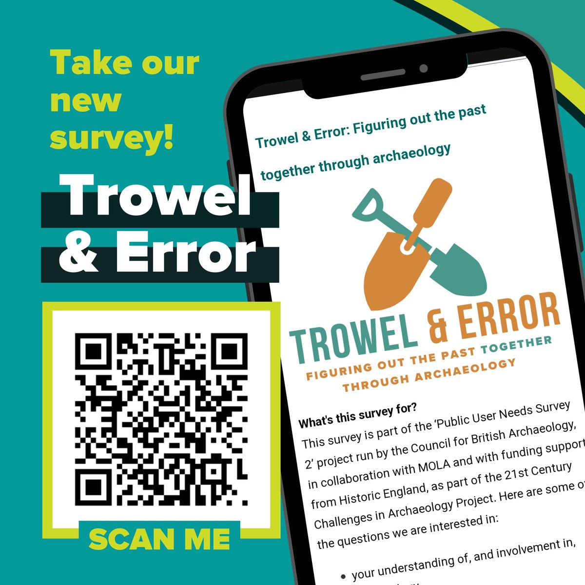 We're launching our new project survey 'Trowel and Error'. Your responses will help us and the archaeological community understand how archaeology can be more accessible. Take the survey by scanning the QR code or following this link 👉york.qualtrics.com/jfe/form/SV_3T… #Archaeology