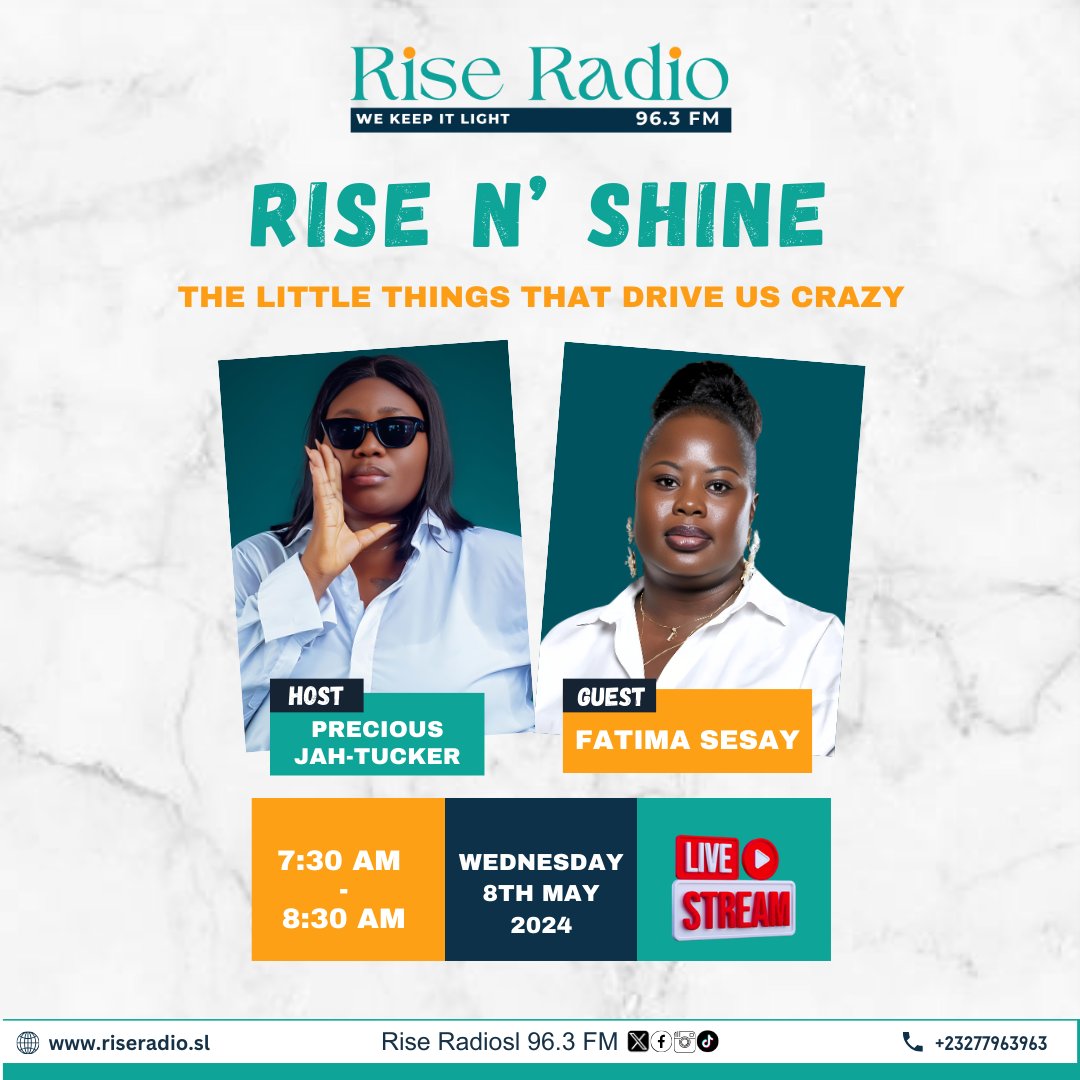 Join our host Precious Aretha Jah-Tucker and special guest Fatima Sesay on #RiseNShine for a lively discussion on 'the little things that drive us crazy!' Don`t Miss out!
@asmaakjames @mariamajbah9
#RiseNShine #Riseradiosl