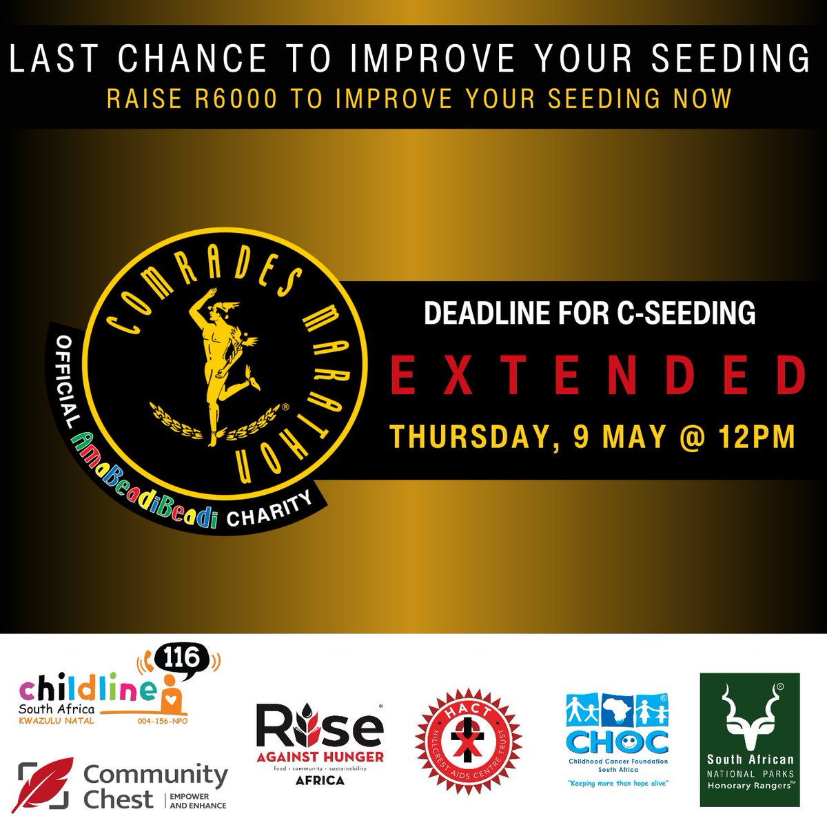 Did you get the seeding batch you were wanting for #Comrades2024? Be honest, DID YOU???🤔

Here is your last chance to improve your seeding. Sign up for Race4Charity and raise a minimum of R6 000 by Thursday, 9 May at 12 noon.