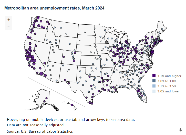 77 metro areas had unemployment rates lower than 3 percent in March bls.gov/opub/ted/2024/… #BLSdata