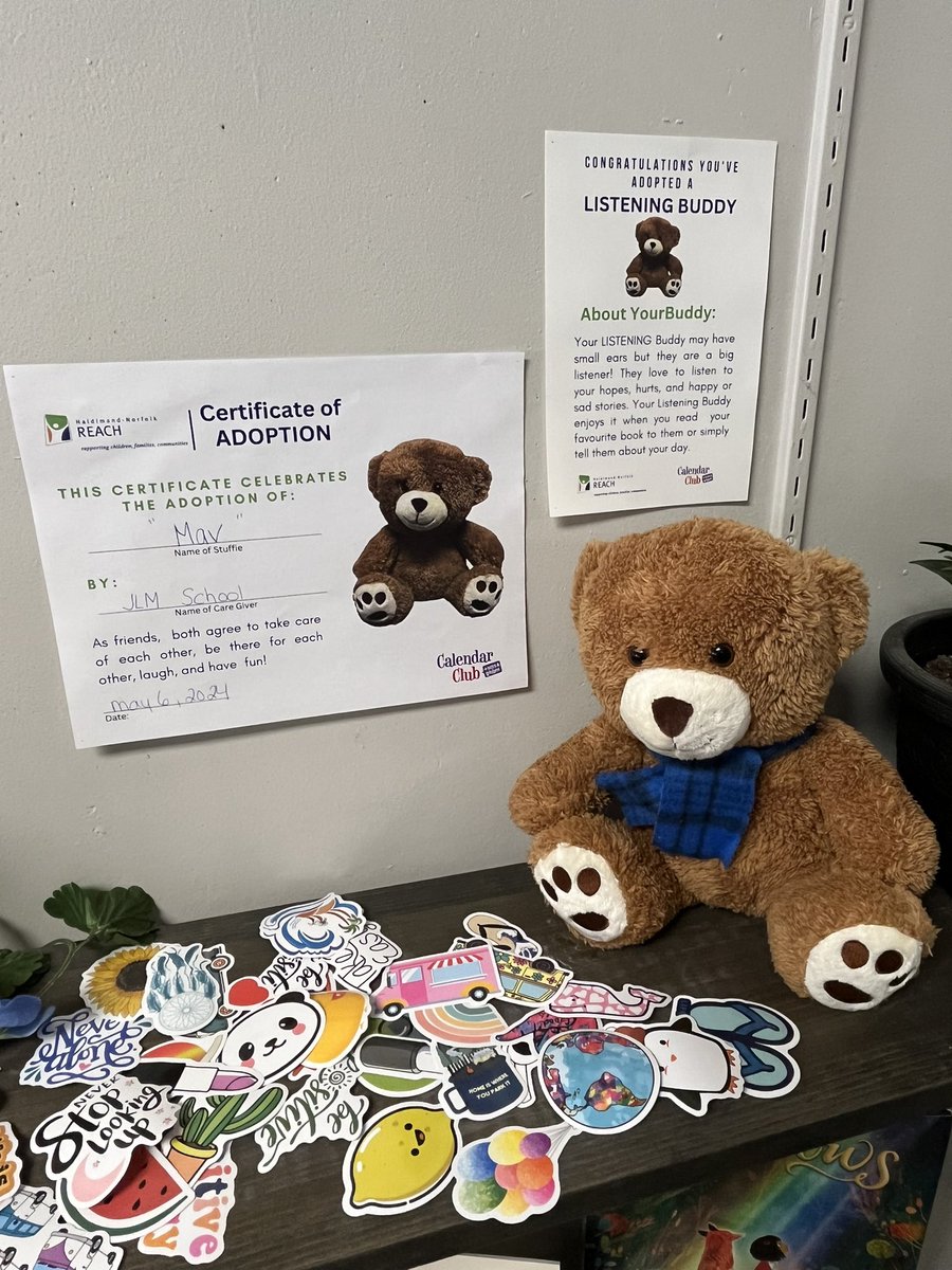 Take a sticker, share a sticker! Positive affirmations for #MentalHealthAwareness week! Also thank you to Haldimand-Norfolk Reach for our Listening Buddy bear! @GEDSB @PrincipalJLMit1