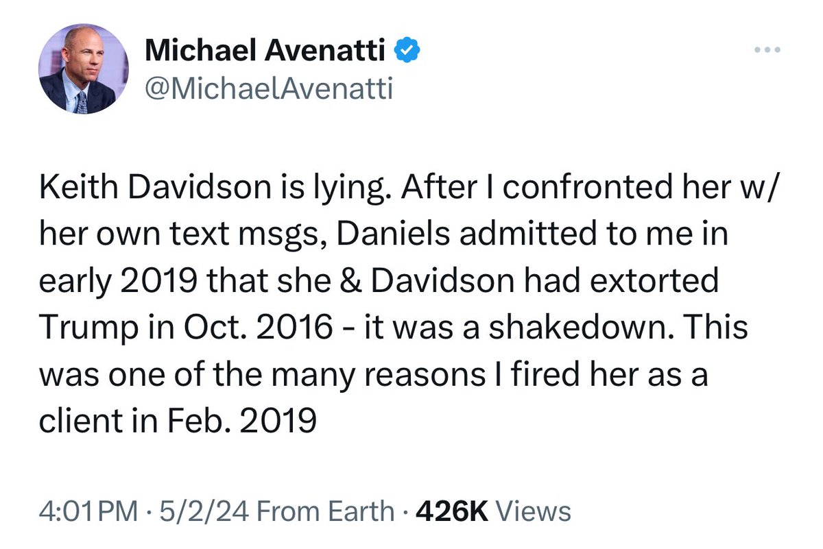 Reminder: Stormy Daniels own lawyer said that Daniels admitted that she EXTORTED Trump and the whole thing was a SHAKEDOWN. Stormy is Biden’s “star witness” today in this rigged trial. TRUMP IS THE VICTIM HERE!