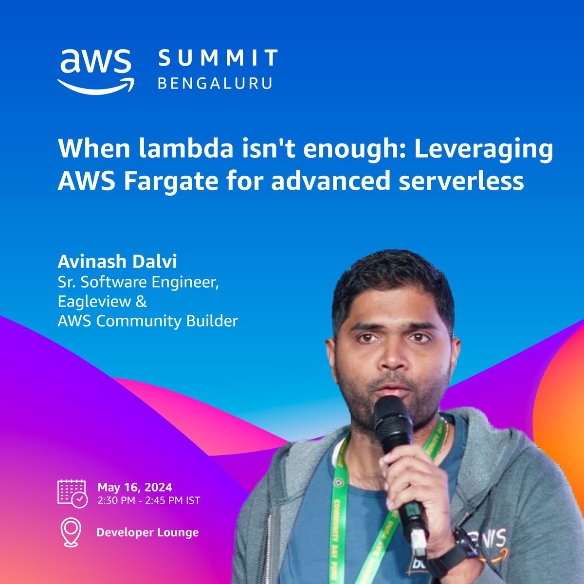 I'll be speaking at the AWS Summit Bengaluru 2024 in the Developer Lounge! My talk is titled '𝐖𝐡𝐞𝐧 𝐋𝐚𝐦𝐛𝐝𝐚 𝐈𝐬𝐧'𝐭 𝐄𝐧𝐨𝐮𝐠𝐡: 𝐋𝐞𝐯𝐞𝐫𝐚𝐠𝐢𝐧𝐠 𝐀𝐖𝐒 𝐅𝐚𝐫𝐠𝐚𝐭𝐞 𝐟𝐨𝐫 𝐀𝐝𝐯𝐚𝐧𝐜𝐞𝐝 𝐒𝐞𝐫𝐯𝐞𝐫𝐥𝐞𝐬𝐬'. #AWSSummitBengaluru #Fargate #Serverless