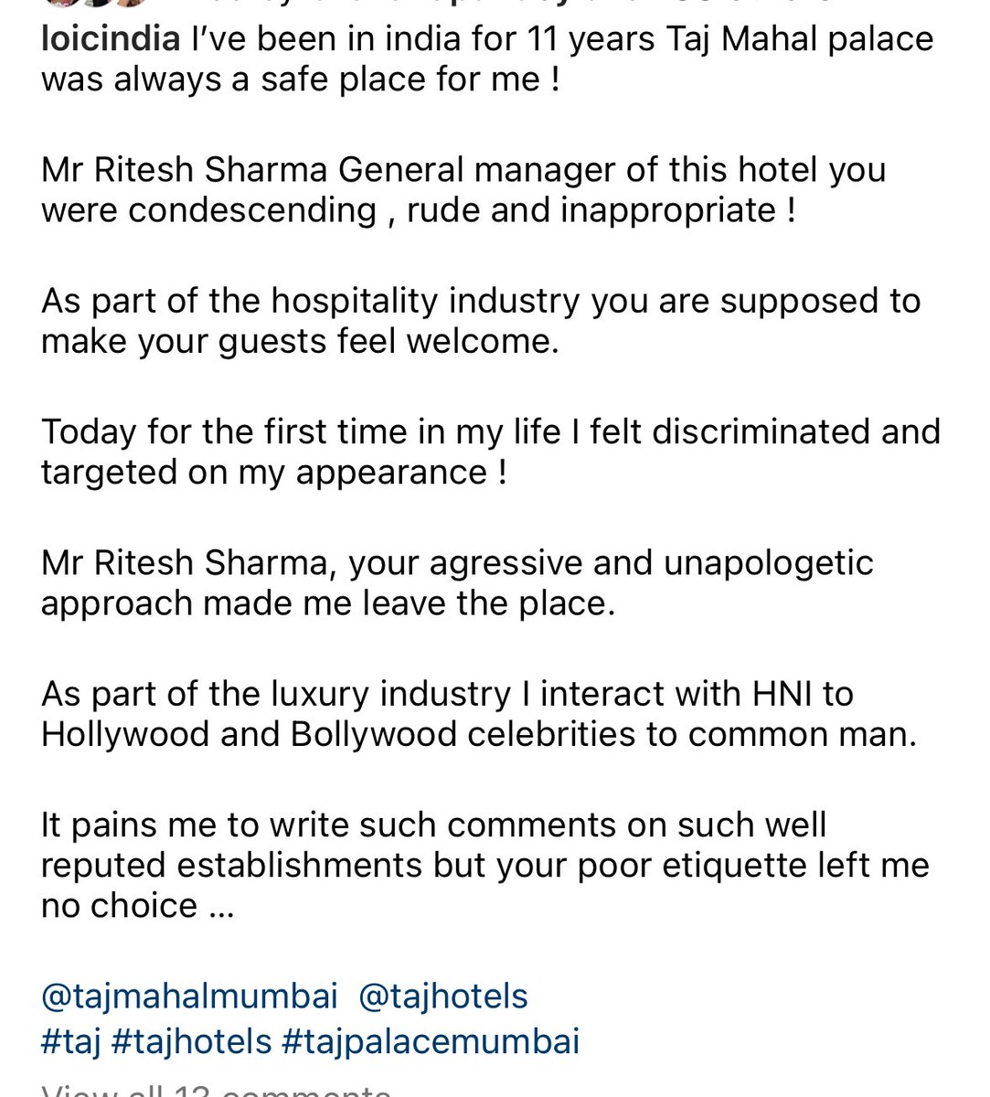 My dearest friend Mr Loïc had the worst experience at @TajHotels mumbai today!! It’s heartbreaking to read this because I’m pretty sure this is not what Taj hospitality is meant to be!! Ritesh Sharma, you should be ashamed of making your guests feel this way!!! @RNTata2000