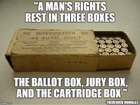 A man's rights rests in 3 boxes: The Ballot Box, Jury Box, and the Cartridge Box. Is that about right?