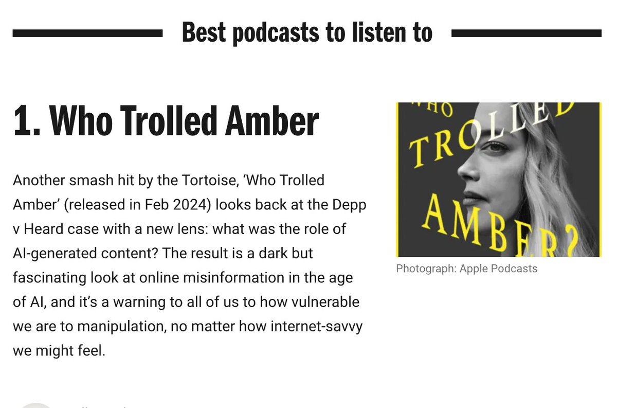 So cool to see #WhoTrolledAmber named Number 1 podcast to listen to in 2024 by @timeout and @timeoutlondon 'Another smash hit by @Tortoise' cc @XAMGreenwood, @Geordiedav, @GaryJMarshall90 👏 Thanks so much @ellamdoyle timeout.com/things-to-do/b…