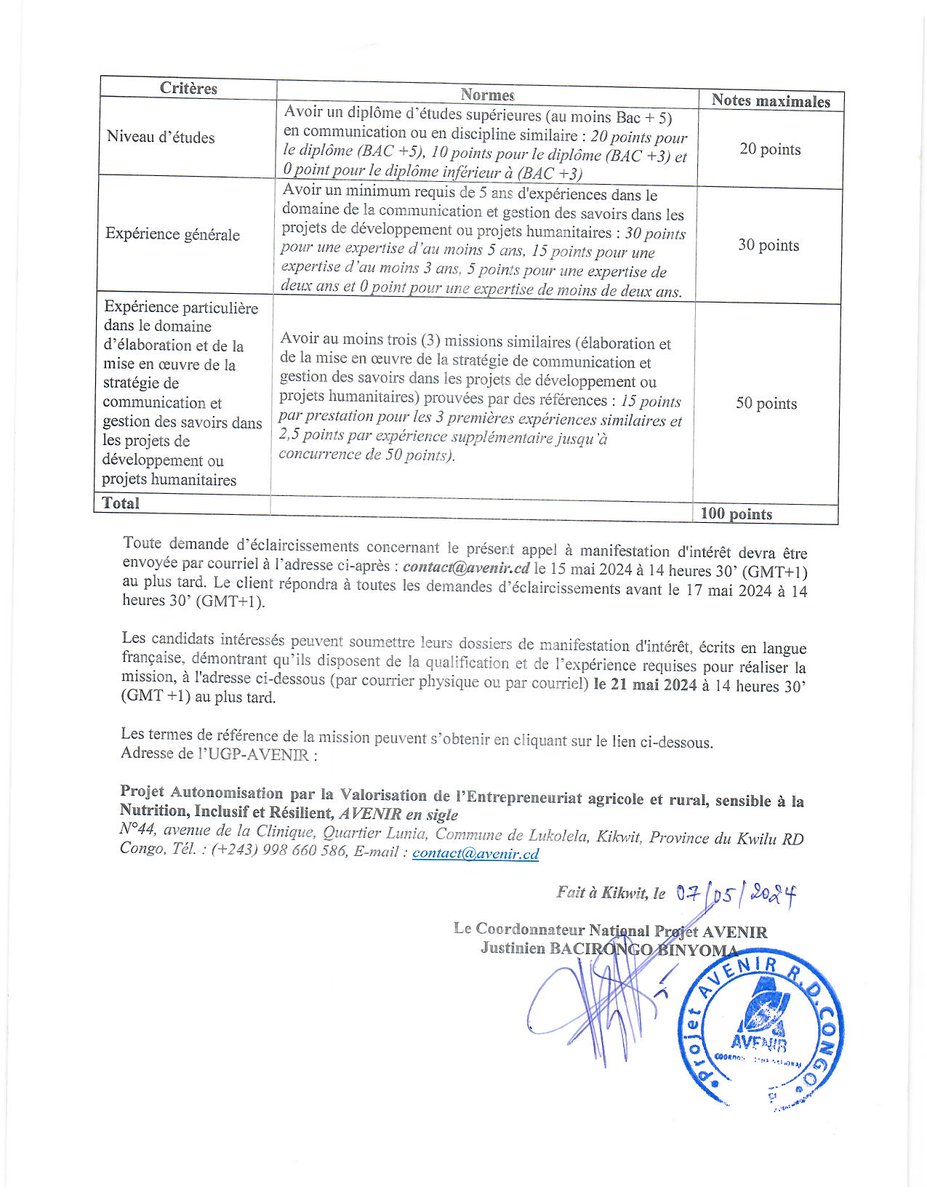 Projet AVENIR Rdc (@avenirrdc) on Twitter photo Êtes-vous intéressés ? Lisez les détails...
Date limite : le 21 mai 2024 à 14h30' (GMT+1)
Pour postuler, lire les détails et envoyez votre dossier à l'adresse contact@avenir.cd
Ou déposer le dossier physique à l'adresse indiquée.
mediacongo.net/emploi-societe… Êtes-vous intéressés ? Lisez les détails...
Date limite : le 21 mai 2024 à 14h30' (GMT+1)
Pour postuler, lire les détails et envoyez votre dossier à l'adresse contact@avenir.cd
Ou déposer le dossier physique à l'adresse indiquée.
mediacongo.net/emploi-societe…