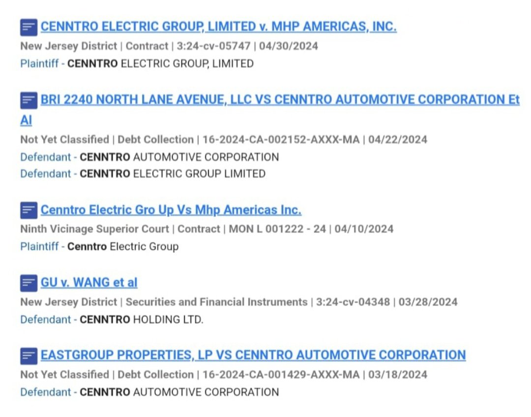 #CENN #CENNTRO - $CENN #GTEC #HEVI - $GTEC - [ (5) 2024 Case filings ] - Latest 04/30/2024 - [ Cenntro ] filed a Contract - other Contract lawsuit against [ MHP Americas, inc ] [ Info Links ⬇️ ] pacermonitor.com/public/case/53… [ & ] Unicourt.com/search?q=Cennt… [ & ] dockets.justia.com/docket/new-jer……