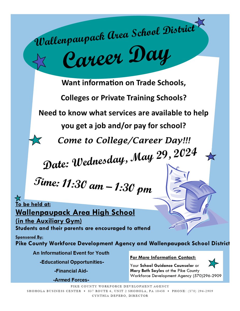 Pikeworkforce's tweet photo. Come check out Career Day at Wallenpaupack Area School District, on May 29th between 11:30am and 1:30pm!

Dive into your future!
#careerday2024 #wallenpaupackareaschooldistrict #wallenpaupack https://t.co/PnVqm9Nt5z