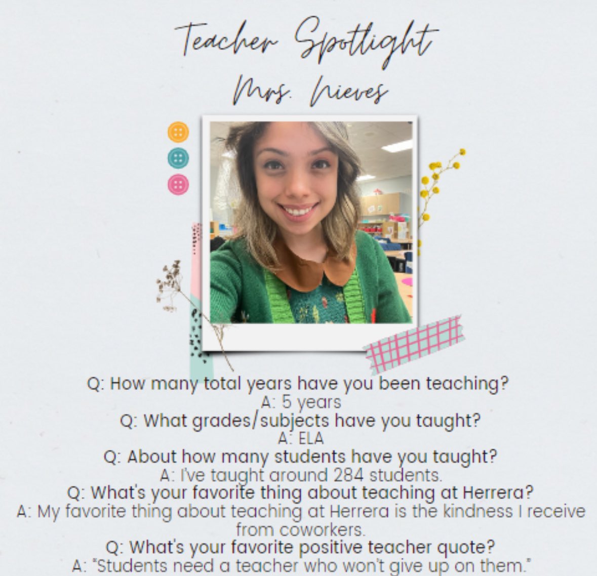 Teacher Spotlight #5: Mrs. Nieves🐾
@HoustonISD @TeamHISD 
#TAW #HerrerHuskies #ThankHISDTeachers