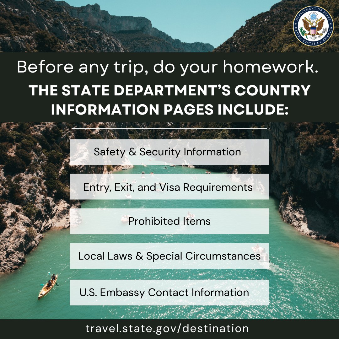 DYK? We have country-specific information for destinations all over the world that include the travel advisory level, entry and exit requirements, local laws and special considerations, and a range of other important travel information. Research your next destination at…