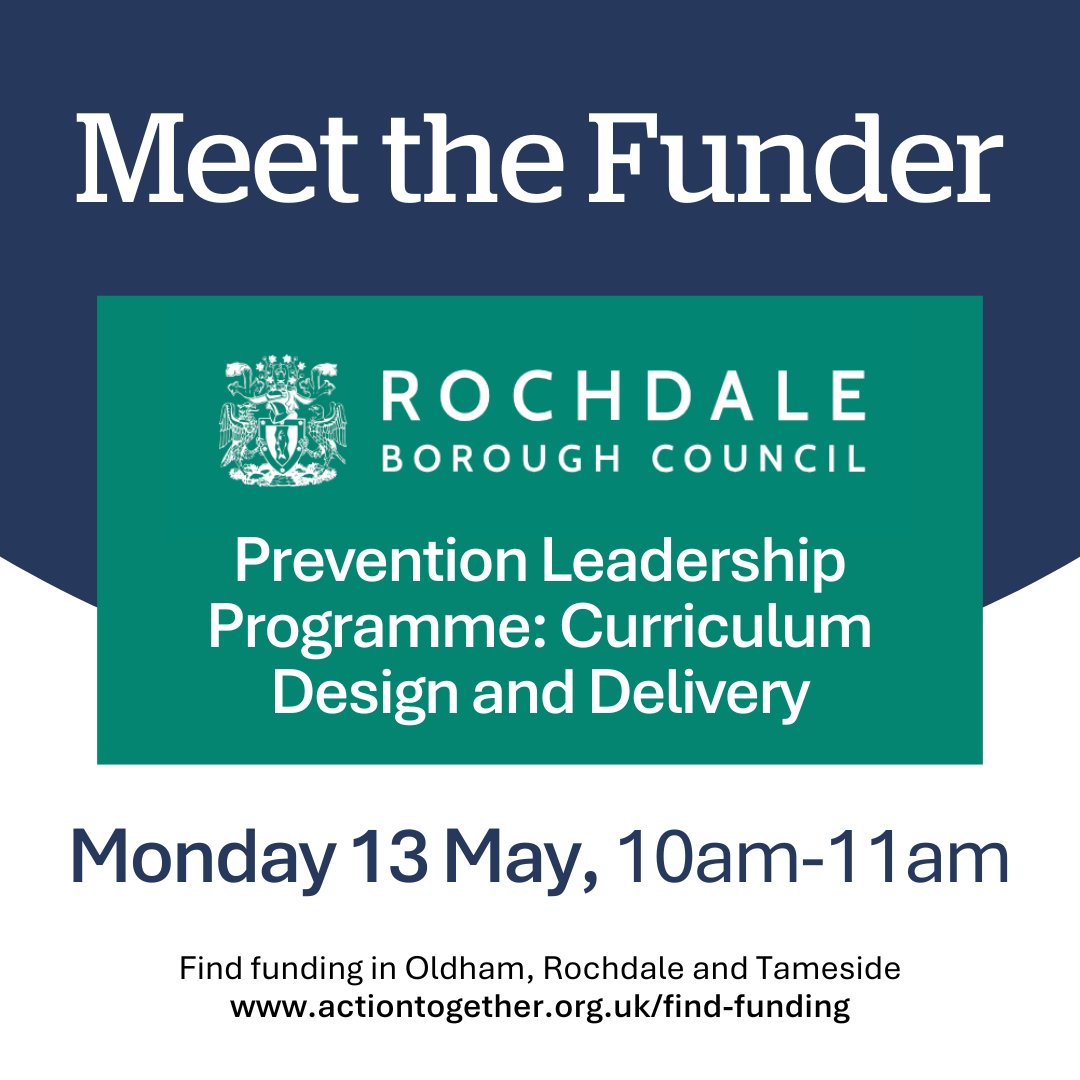 📚 @RochdaleCouncil are looking for a VCFSE organisation, or collaborative, to work alongside to co-design, co-produce & pilot the delivery of a new leadership curriculum. The funding envelope is £12,000 📝 Join our Meet the Funder session to learn more: actiontogether.org.uk/civicrm/event/…