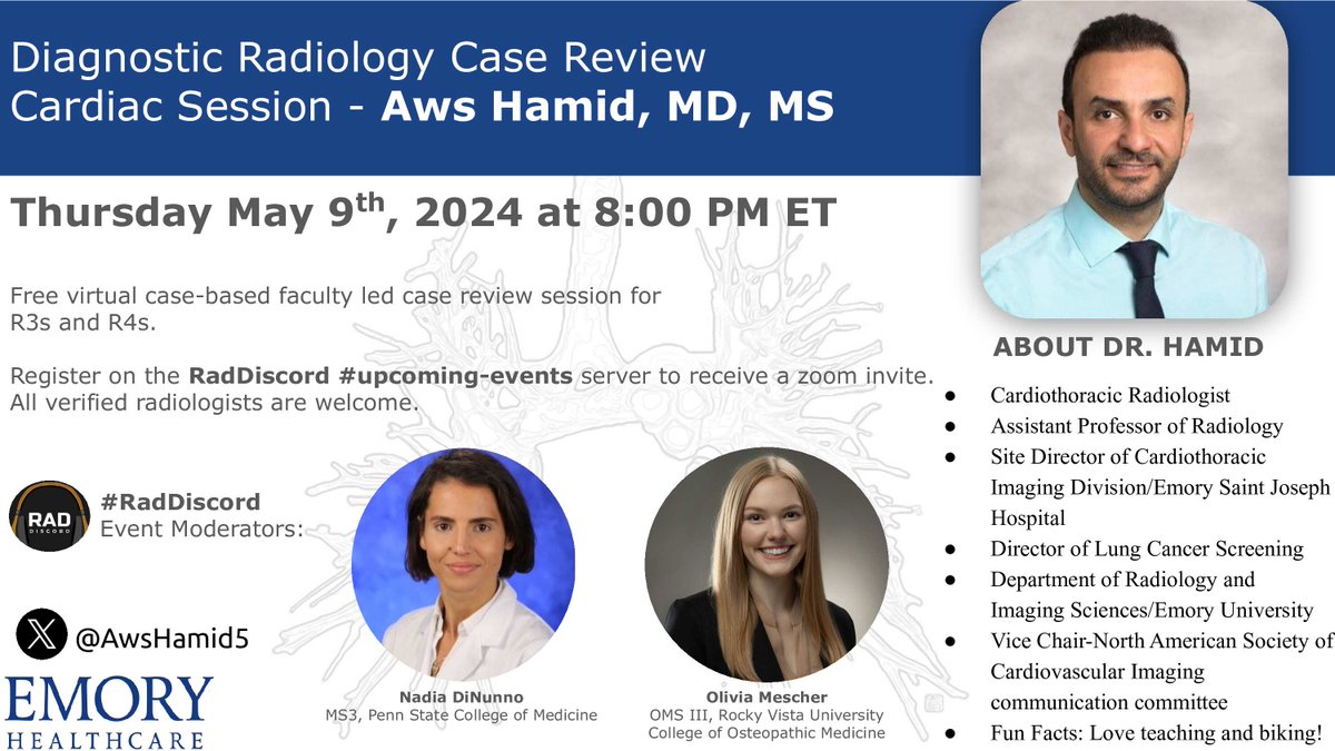 Case Review Cardiac Session with Dr. Aws Hamid @AwsHamid5 @EmoryRadiology @EmoryMedicine @EmoryUniversity Thu May 9th, 2024 8PM ET @DrOverfieldMD @totallyskates @garciapiresmd @FatimaElahi21 @DrCamHenry @MarcusKonner @Rads_is_rad @DavidLPayneMD @yiaimerose @JosephGeorgeAy