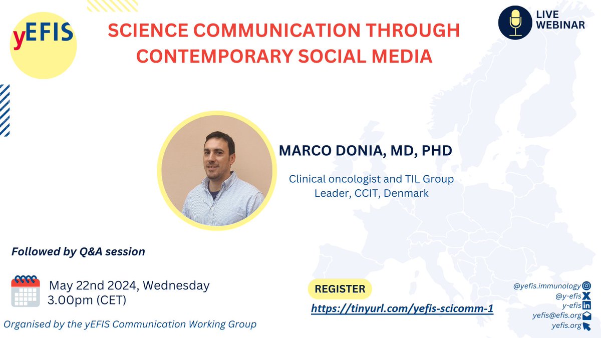 🚨 Join us for a webinar on May 22nd at 15.00 CET with Marco Donia, MD, PhD, discussing the use of social media in science communication. 🗣️ Don't miss out! 🚀 #webinar #sciencecommunication