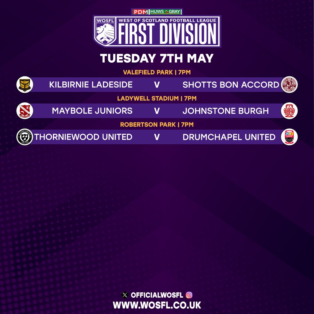 🆚Here are this weeks midweek fixtures in the PDM Huws Gray WOSFL First Division wosfl.co.uk