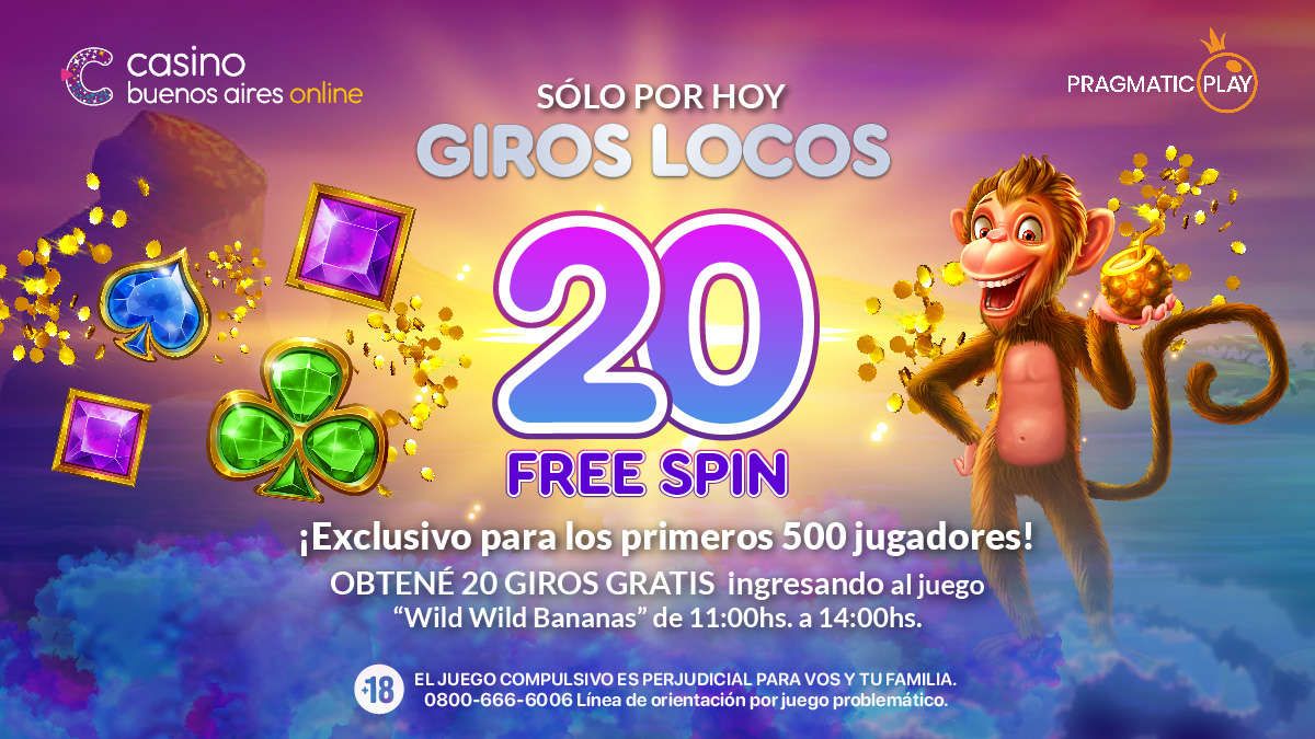 SOLO POR HOY 🎁 GIROS LOCOS
🌴20 Free Spin en #Wild Wild Bananas 😎
.
.
⏰Válido HOY 8/05 desde las 11hs a 14hs.
⚡Exclusivo para los primeros 500 jugadores
¡Comenzá ahora y sé el próximo ganador!
#JuegoResponsable #JuegoLegal #JuegoSeguro