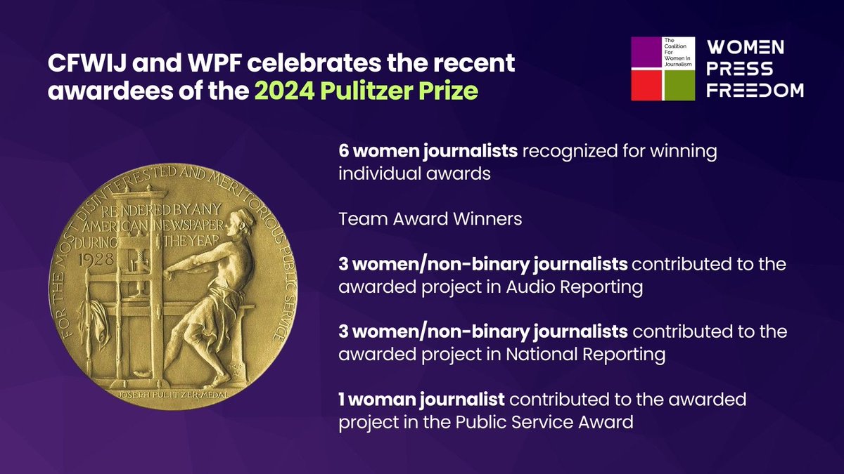 #PulitzerPrize: Congratulations to all the incredible women and non-binary journalists who won the @PulitzerPrizes this year! From groundbreaking solo work to impactful team efforts in Audio Reporting, National Reporting, and Public Service, your dedication inspires us all.