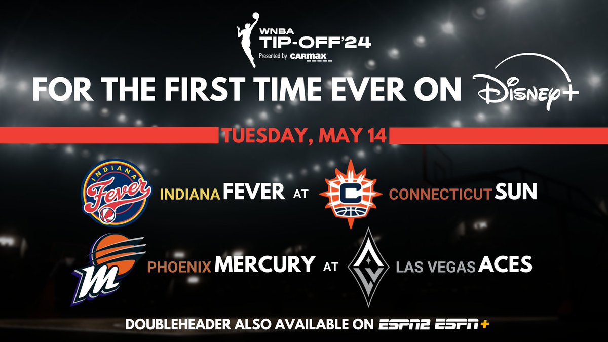 May 14, the #WNBA's highly-anticipated 2024 season tips-off🙌

For the first time ever, the marquee Opening Night doubleheader is available on @DisneyPlus in addition to ESPN2 & @ESPNPlus

🏀#IndianaFever at #ConnecticutSun
🏀#ValleyTogether at #ALLINLV 

#WelcometotheW