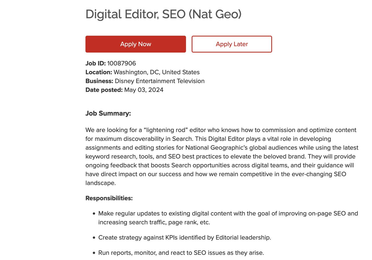 Nat Geo laid of all its writers, and most of its old editors. They’re now hiring social media managers, content strategists, SEO editors, etc. Who needs writers when you could hire new staff to “assist managers [with] best-in-class creative social stunts”?
