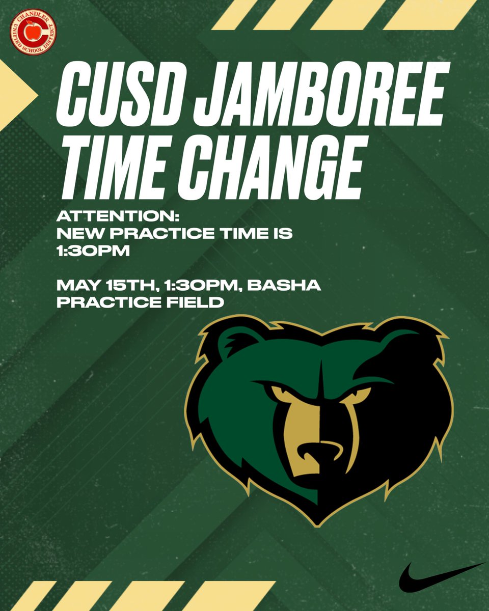 Attention….. Basha FB “Jamboree Practice” has changed times to 1:30 PM on 5/15!! 🐻💪