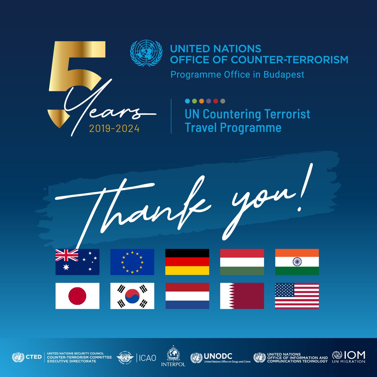 🤝These #CTTravel Programme achievements have been possible thanks to support from #Australia 🇦🇺, #EU 🇪🇺, #Germany 🇩🇪, #Hungary 🇭🇺, #India 🇮🇳, #Japan 🇯🇵, Republic of #Korea 🇰🇷, #Netherlands 🇳🇱, #Qatar 🇶🇦, & #USA 🇺🇸. #UniteToCounterTerrorism