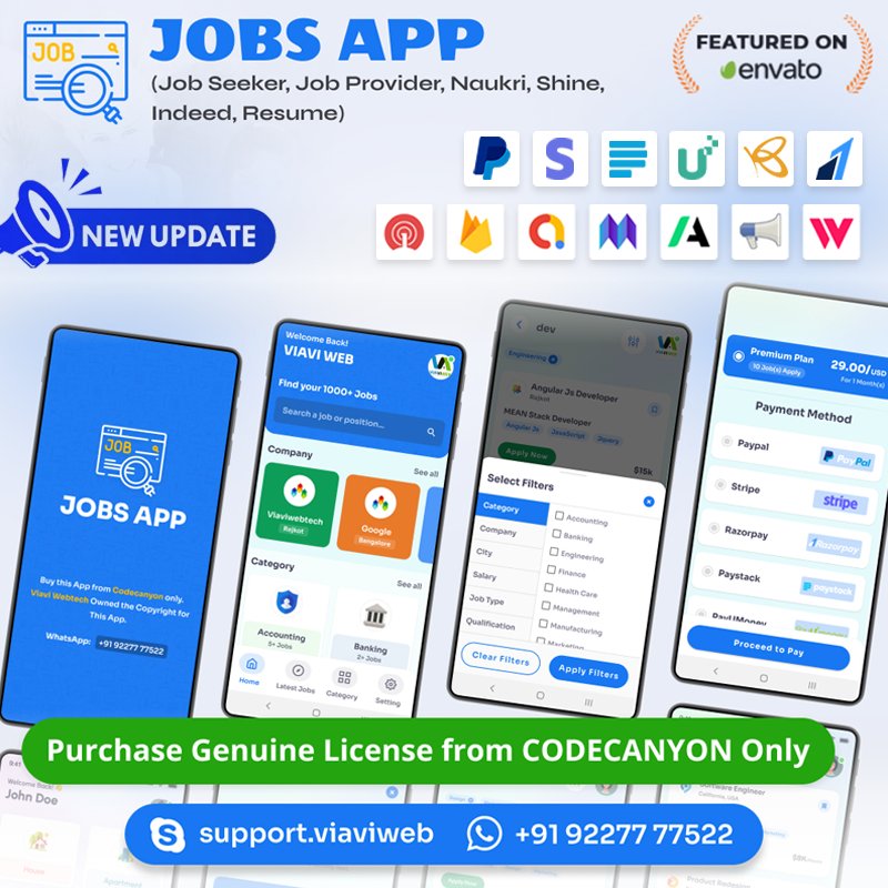 ## Update Alert ## 

Android Jobs App | Find a Job | Job Seeker | Job Provider | Subscription

1.envato.market/536YN

We are open to new projects.

WhatsApp: +919227777522

#JobsApp #AndroidJobsApp #JobsAppSourceCode #MadeWithEnvato #EnvatoMarket #Envato #Codecanyon