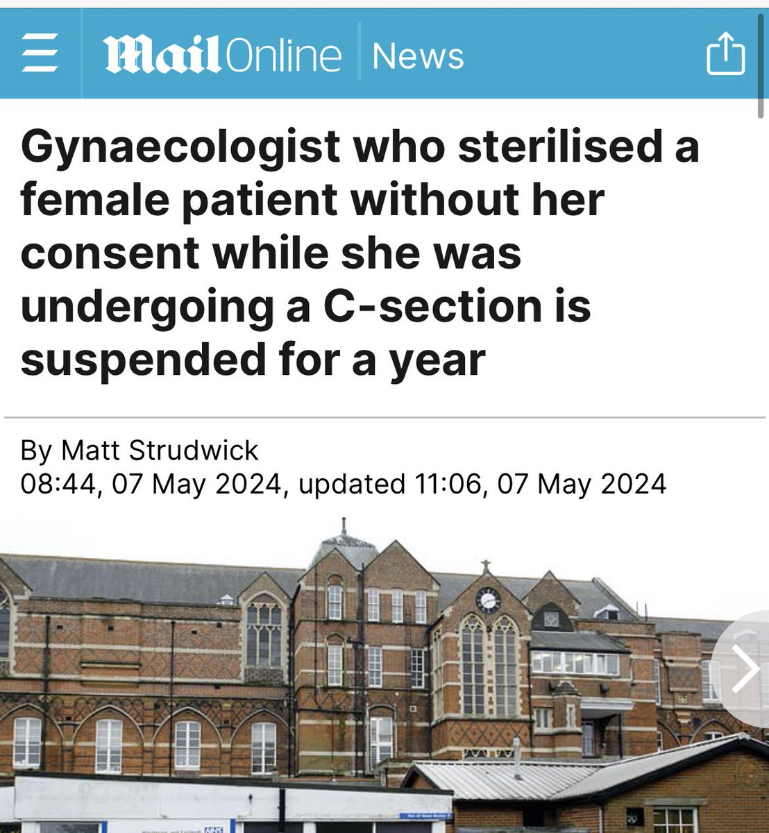 Male surgeon. Non consensual sterilisation of a woman just after her baby’s birth. “Limited reflection” after the incident from the perpetrator. This is egregious. 1 year suspension. What is going on @gmcuk?
