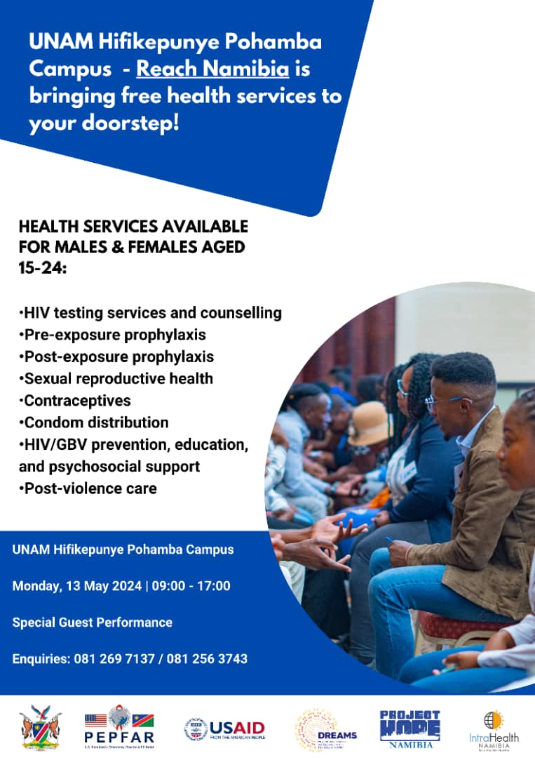 Unam HP - Reach Namibia is bringing you free health services to your doorstep. So, get ready for the free service on the 13th of May 2024.

You don't need to be shy or scared , our team is formed up by well-trained professionals, and they will handle everything. 🙏

#ProjectHope