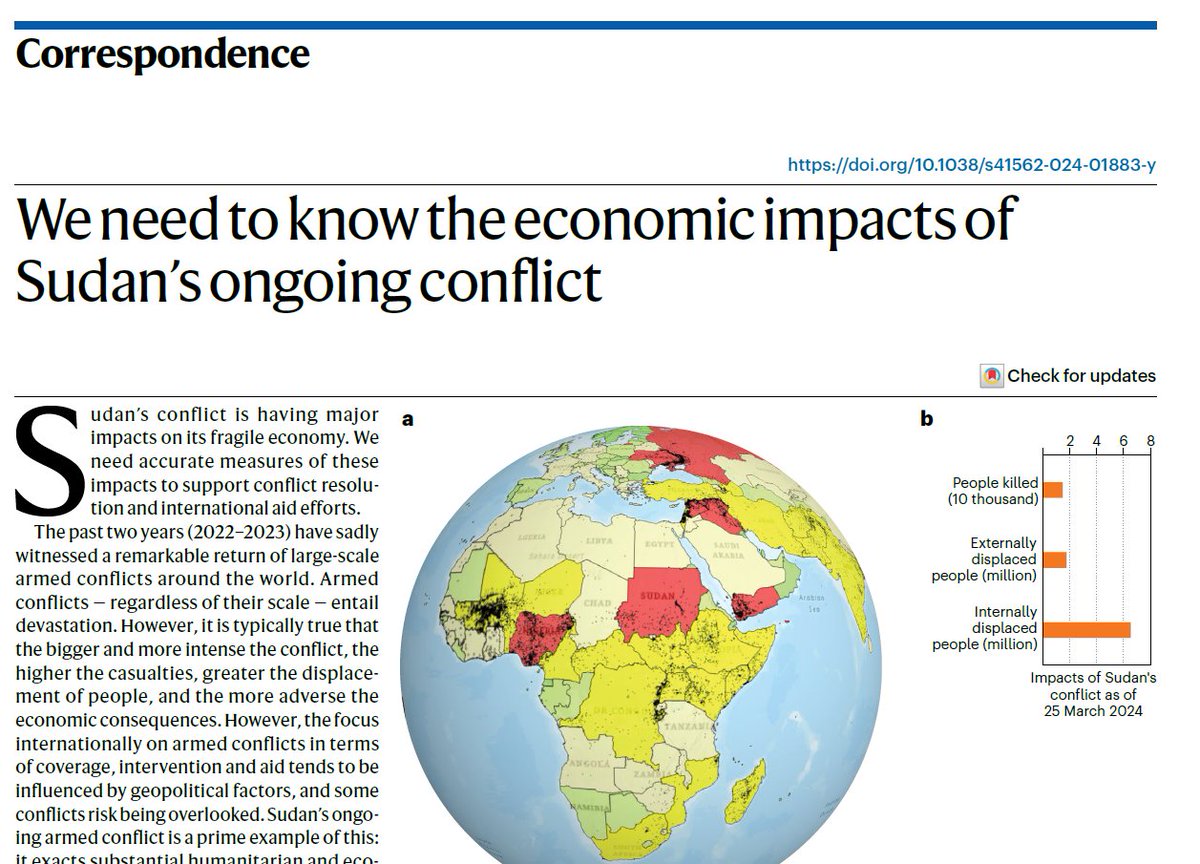 Sudan’s conflict is having major impacts on its fragile economy. Accurate measures of these impacts are needed to support conflict resolution and international aid efforts.

Learn more in this🆕article by @khalidhasiddig and @Moh_Basheer17: doi.org/10.1038/s41562…
@CGIAR @Nature