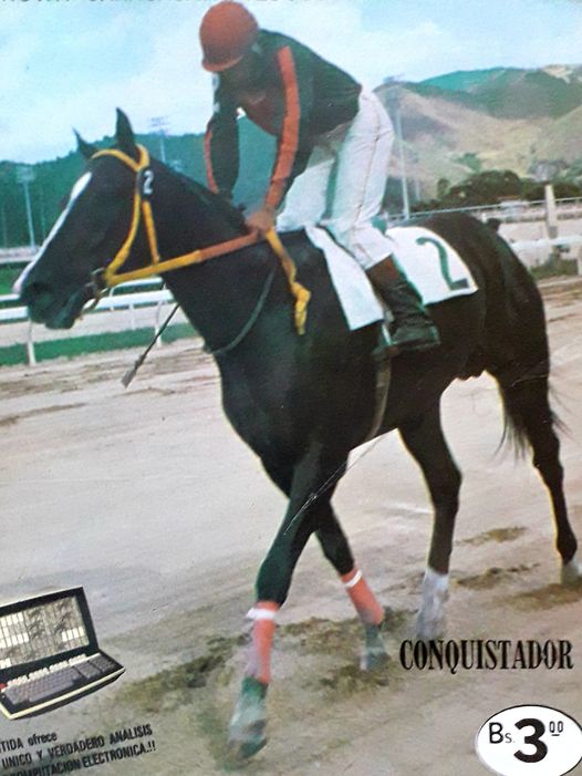 CONQUISTADOR Hijo de Carlton House en Pita, (hermano completo de la discreta EVA) nacido en 1977 en el Haras Yaracuy. Campaña de 11-4 con figuración clásica para los colores del Stud Munich y fue entrenado por Julio Ayala, aqui con Angel Parra Up