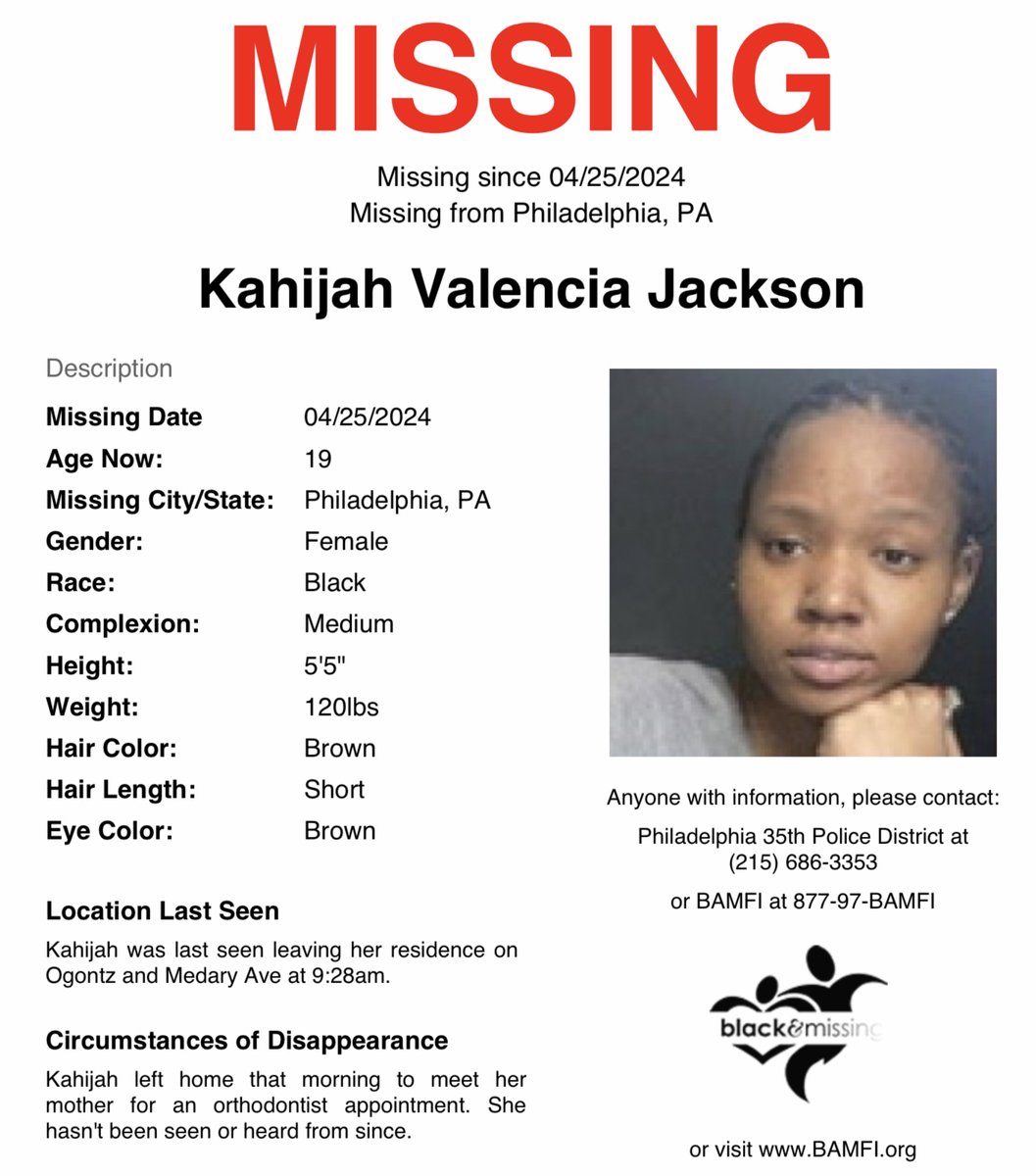 #Philadelphia, #PA: 19y/o Kahijah Jackson was last seen leaving her home on Ogontz & Medary Ave on April 25 at 9:28am. She left home that morning to meet her mother for an orthodontist appointment. She hasn't been seen or heard from since. Have you seen Kahijah? #KahijahJackson