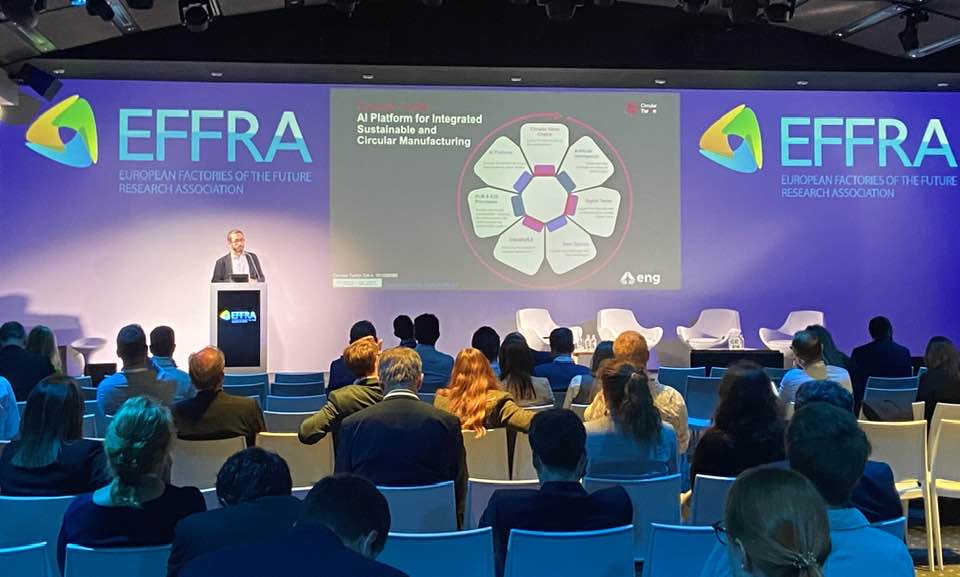 Angelo Marguglio from @EngineeringSpa presents the @CircularTwAIn Project '#AI Platform for Integrated #Sustainable and #Circular #Manufacturing' at the #ManuDays2024 ➡️shorturl.at/pAFQ2 #HorizonEU #MadeInEurope #research #Innovation #circularity #ArtificialIntelligence