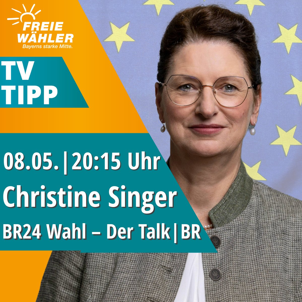 ‼️ Die #Europawahl2024 rückt näher! #TVTIPP: @Singer_Ch_, Spitzenkandidatin #FREIEWÄHLER, ist am Mittwoch (8. Mai) ab 20:15 Uhr zu Gast in der Sendung 'BR24 Wahl - Der Talk'|✅ Am 9. Juni FREIE WÄHLER ❌ wählen-für Bürger und Regionen, gegen Bürokraten und Zentralisten.