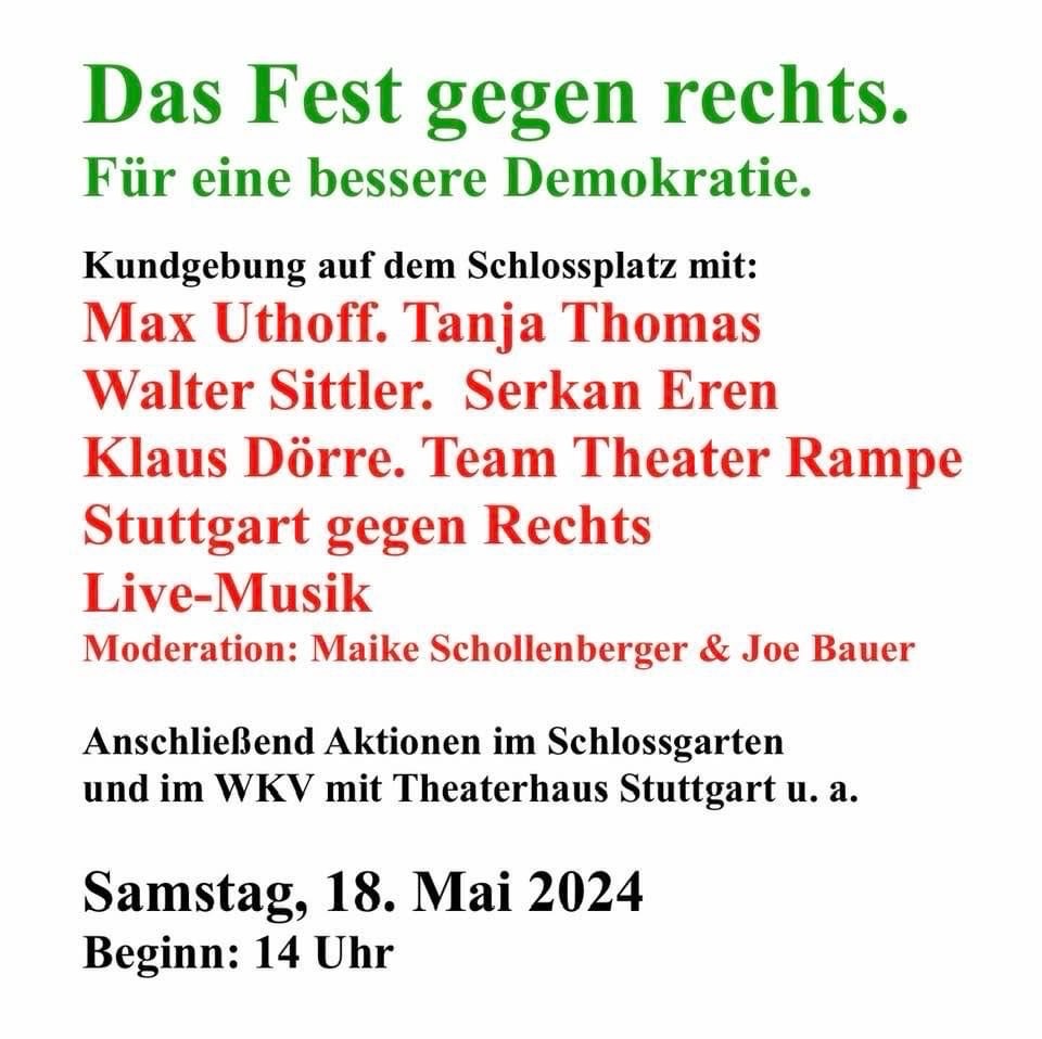 #SaveTheDate Fest gegen Rechts in #Stuttgart #s180524

#WirSindDieBrandmauer #NieWiederIstJetzt #LautGegenRechts #SeiEinMensch #NoAfD