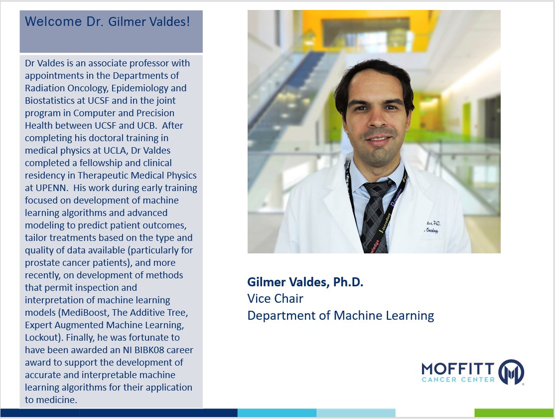Moffitt Machine Learning (@ml4onco) on Twitter photo We are pleased to welcome <a href="/GilmerValdes/">Gilmer Valdes</a> to <a href="/ml4onco/">Moffitt Machine Learning</a> as he embarks on his new role with our organization as Vice Chair of the Machine Learning Department at <a href="/MoffittNews/">Moffitt Cancer Center</a>! We look forward to working together to shape the future of cancer care! We are pleased to welcome <a href="/GilmerValdes/">Gilmer Valdes</a> to <a href="/ml4onco/">Moffitt Machine Learning</a> as he embarks on his new role with our organization as Vice Chair of the Machine Learning Department at <a href="/MoffittNews/">Moffitt Cancer Center</a>! We look forward to working together to shape the future of cancer care!