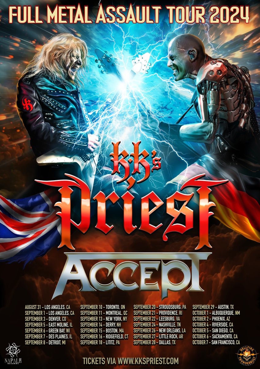 .@KKsPriest & @accepttheband ANNOUNCE 'FULL METAL ASSAULT' 2024 NORTH AMERICAN TOUR! 🤘🤘 🎟Tickets : Tuesday, May 7 at 12 pm EDT- artist pre-sale/ venue-promoter pre-sale, password: “metal” Thursday, May 9 at 10 am EDT- General on sale kkdowningofficial.com/tour-dates/