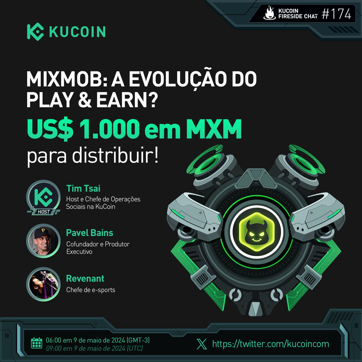 Junte-se a nós às 09:00 (UTC) / 06:00 (GMT-3) em 9 de maio de 2024 para o Space com a @MixMobOrigin $MXM, para discutir sobre a evolução do #PlayAndEarn!

✅ Defina um lembrete👇
x.com/i/spaces/1MYxN…

Saiba mais: t.me/KuCoinPortugue…

Não tem conta na #KuCoin? Registre-se…