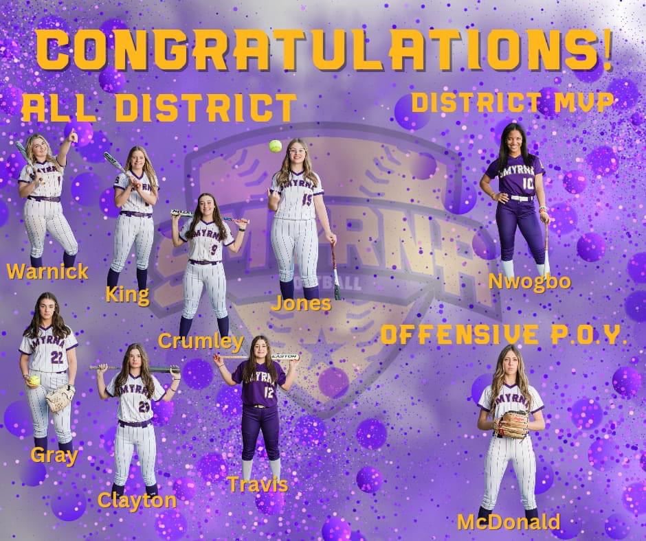 Attention Bulldogs! Take some time congratulate these Smyrna Softball players for being named All-District this season Sophie Clayton, Destiny King, Kaylee Jones, Lily Crumley, Blakely Warnick, and Kylee Travis! #OnlyOneSHS