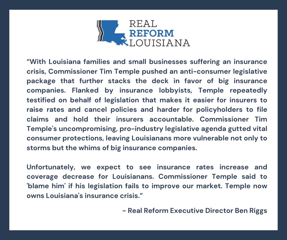 Commissioner Tim Temple's industry-friendly insurance agenda became law today. Real Reform executive director Ben Riggs issued the following statement ⬇️ #LaLege #LaGov
