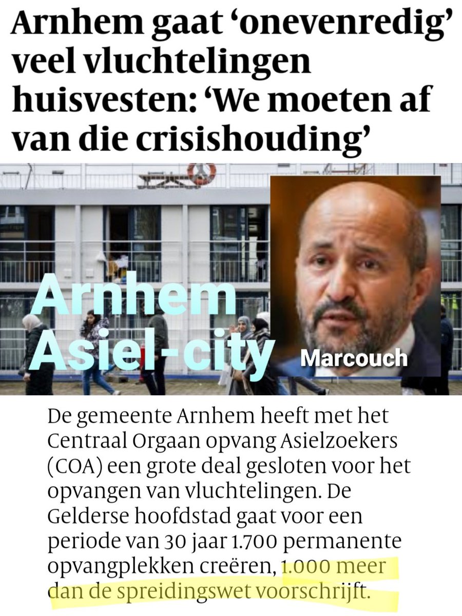 #Arnhem (Marcouch-city) gaat maar liefst 1000 #asiel_eisers meer opvangen dan de #spreidingswet voor deze stad heeft berekend! Typisch die verwrongen Linkse gedachte, de #asielcrisis tot opvangcrisis proberen om te turnen. Normaal NL trapt daar niet in!