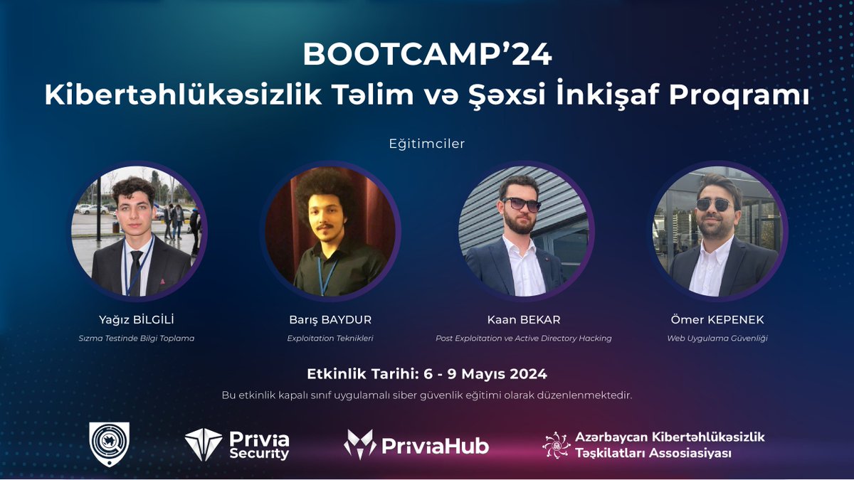Azerbaycan Siber Güvenlik Platformu ve Privia Security A.Ş. olarak düzenlenen #Bootcamp'24 eğitimlerimiz başladı.

#PriviaHub Siber Savaş Simülasyonu altyapısıyla ofansif eğitimler sunarak kardeş ülke Azerbaycan'da faaliyetlerimize devam ediyoruz.