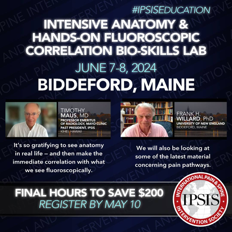 IPSISMed's tweet photo. These are the final hours to get our best rate on the course called the best-kept secret of the #IPSISEducation lineup. Explore the anatomical foundation for #InterventionalPainMedicine treatments with Professor Frank H. Willard in his amazing facility. #PainMedicine