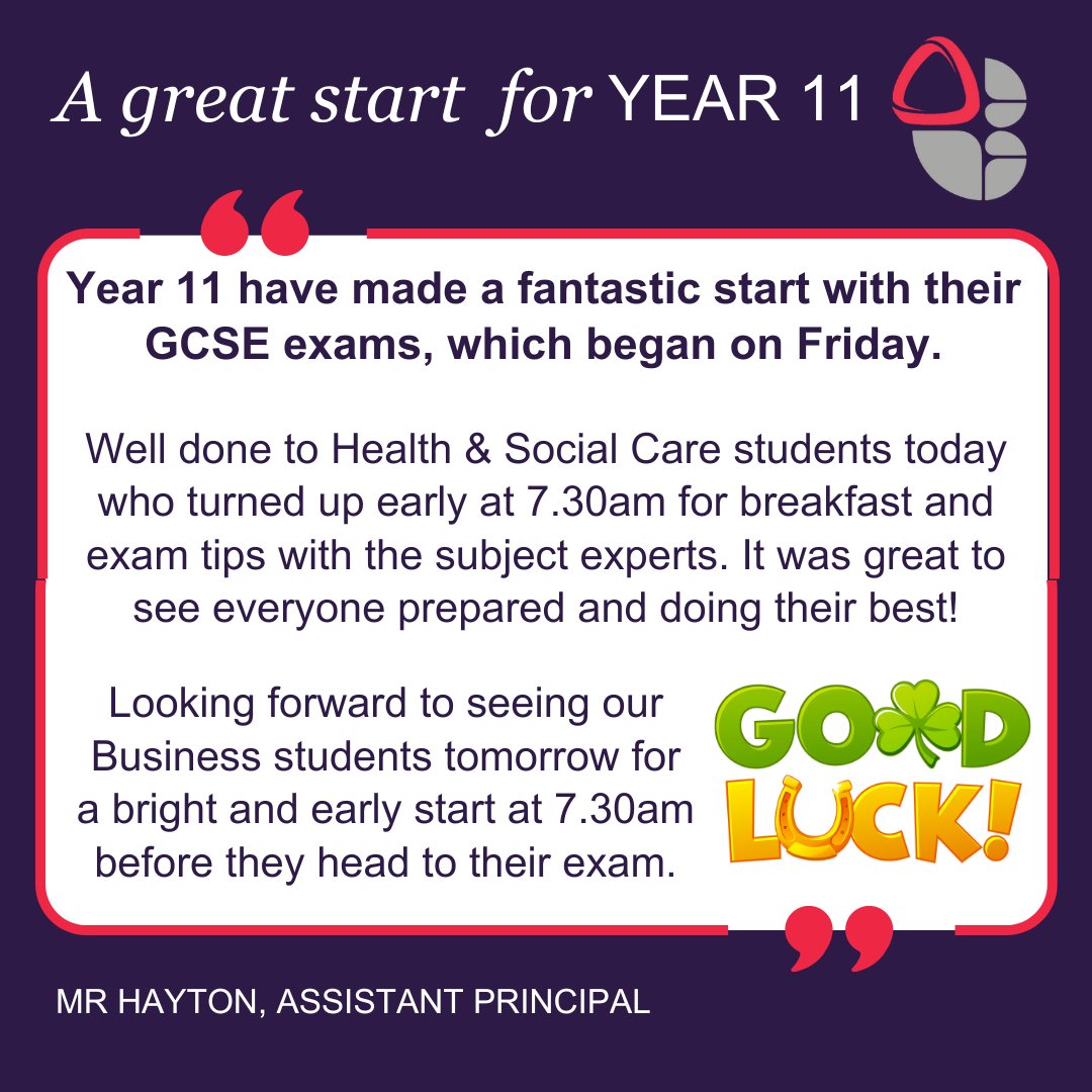 Keeping you updated on Y11 exams! See you tomorrow Y11 Business students - turn up early for breakfast and exam tips from 7.30am! #examseason2024