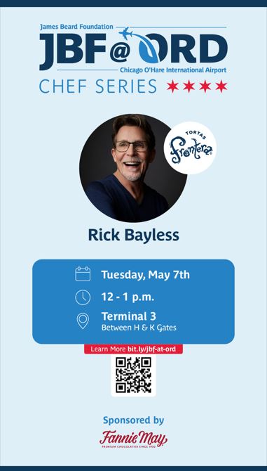 Ahead of the @BeardFoundation awards next month, @HMSHost is sponsoring a special chef series at ORD! Today at noon - Meet Rick Bayless near @TortasFrontera near Gate K4, sample some of his award-winning guacamole and be one of the lucky passengers to get a free cookbook.